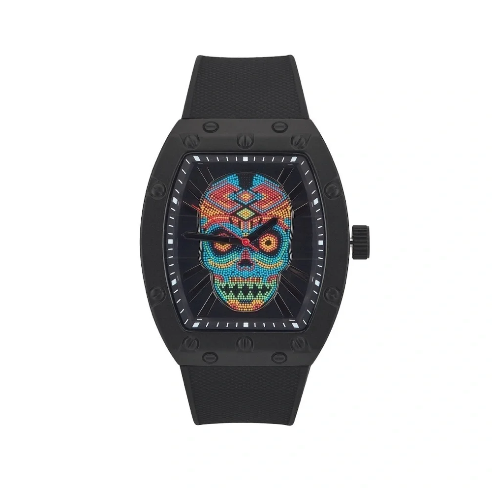 Ed Hardy Men’s Skull Print Dial Matte Black Silicone Strap Analog Watch …